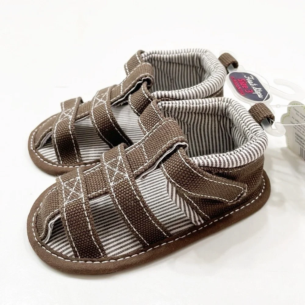 NEW First Steps chocolate canvas w/stripe baby sandals